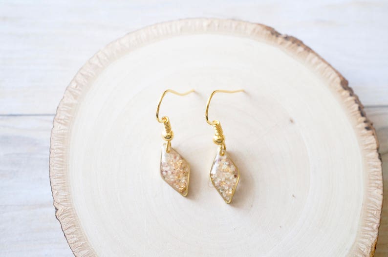 Real Pressed Flowers and Resin Earrings in Gold with Whites Champagne Mix with Real Gold Foil image 1