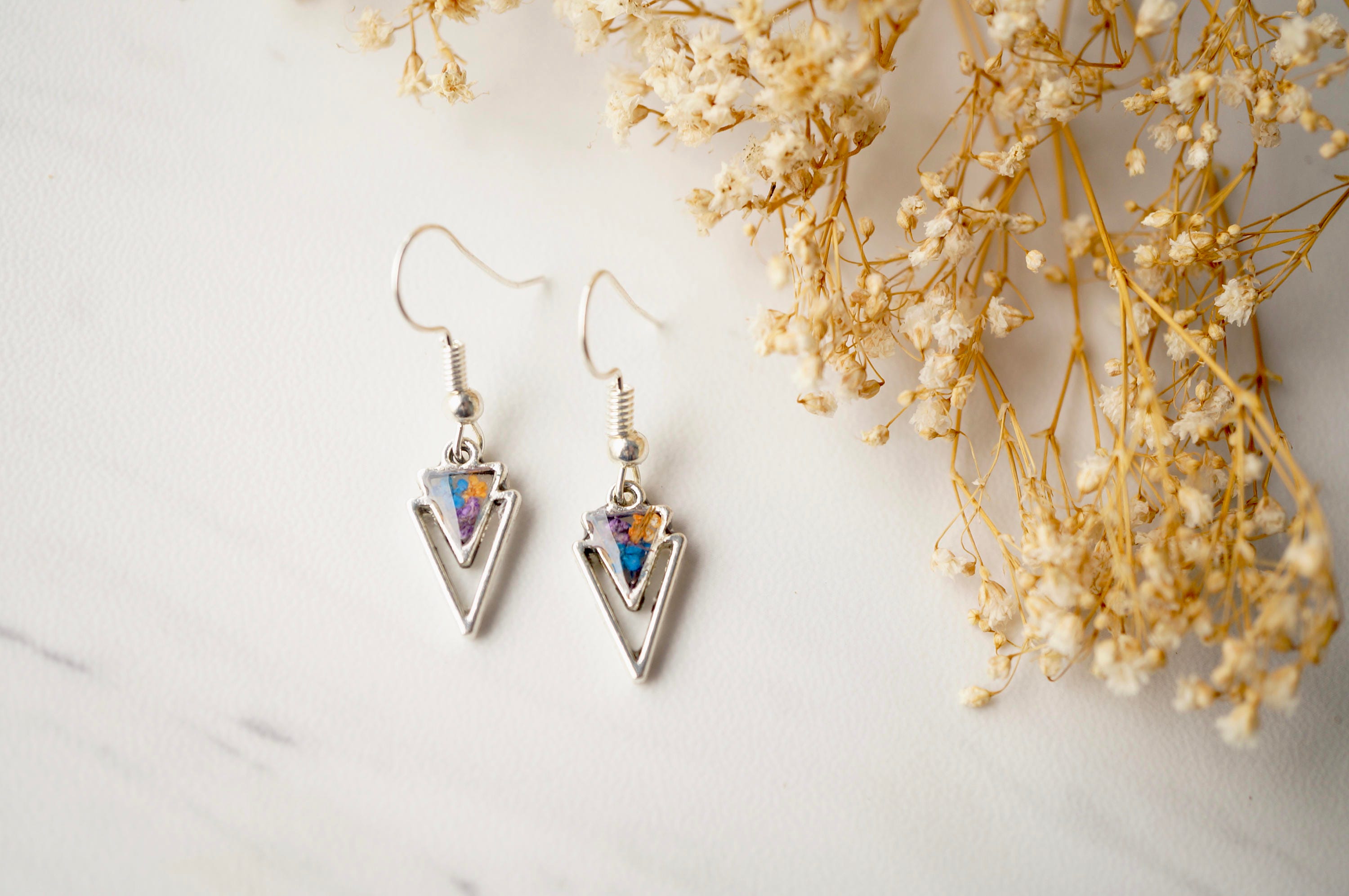 Real Pressed Flowers and Resin Earrings, Silver Arrowhead Drops in Purple Blue Orange