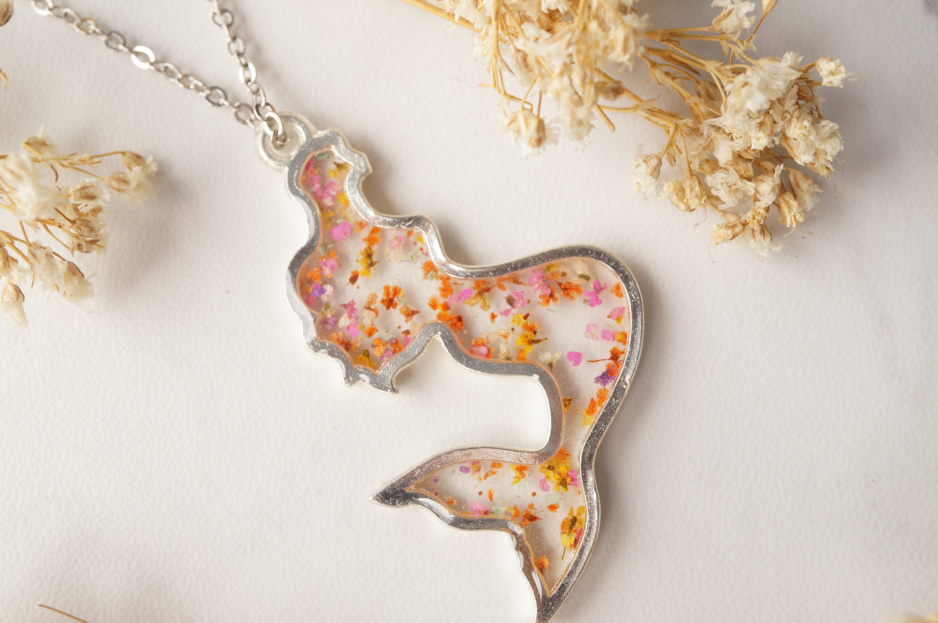 Real Pressed Flowers in Resin Necklace, Silver Mermaid in Pink Orange Yellow Mix - Thumbnail 6
