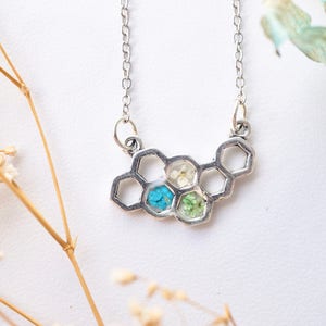 Real Pressed Flowers in Honeycomb Resin Necklace in Teal White Green image 2