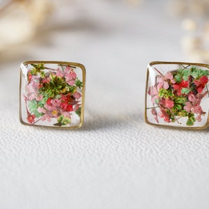 Real Pressed Flowers and Resin Stud Earrings in Pink Green Mix image 2