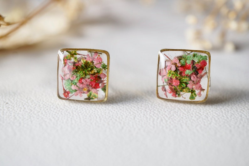 Real Pressed Flowers and Resin Stud Earrings in Pink Green Mix image 2