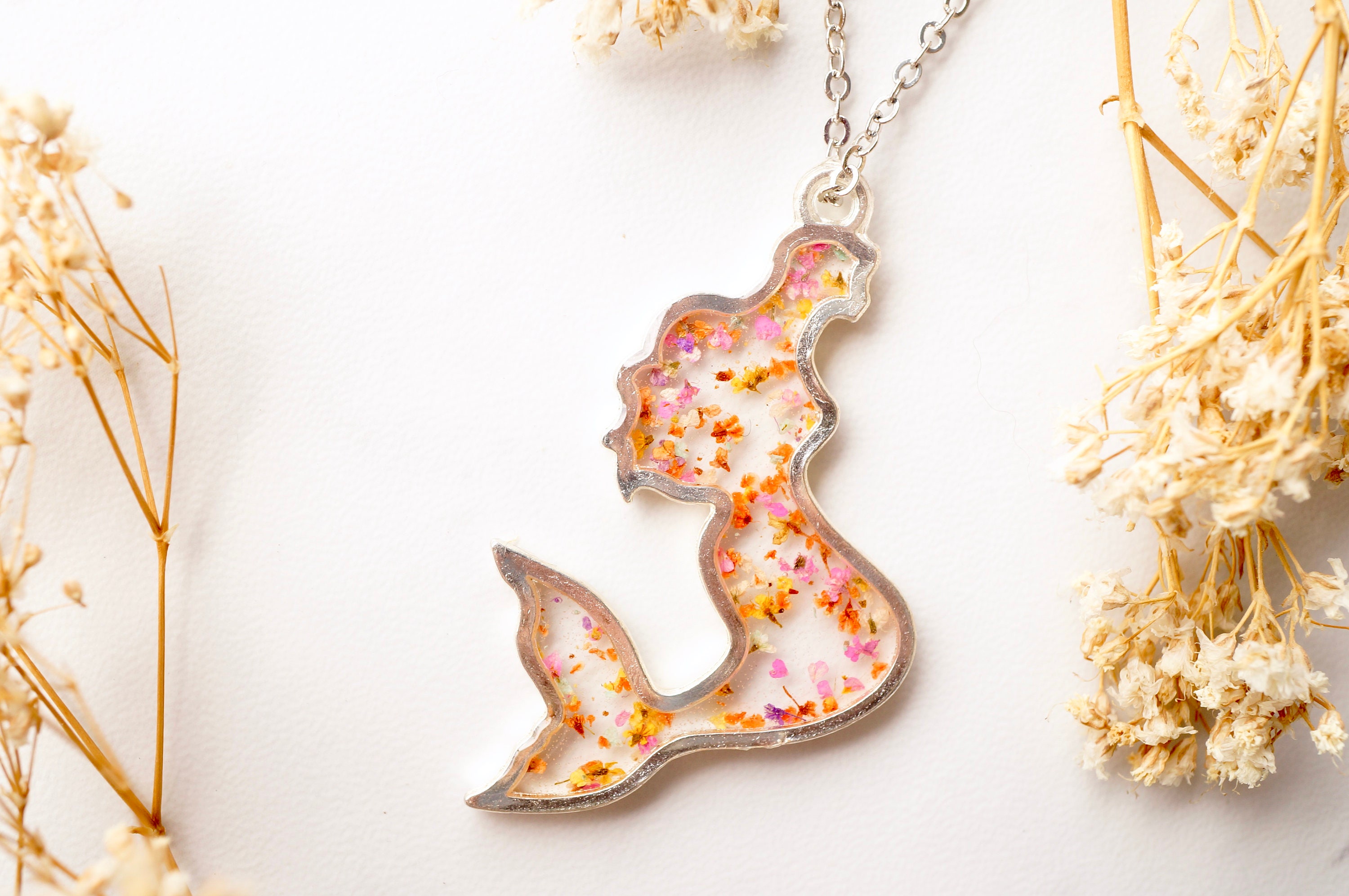Real Pressed Flowers in Resin Necklace, Silver Mermaid in Pink Orange Yellow Mix