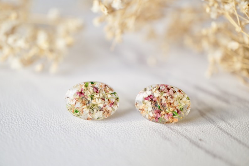 Real Pressed Flowers and Resin Oval Stud Earrings in Orange Rose White Green image 1