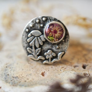 Bague en résine et fleurs véritables pressées, bague en argent avec fleurs mélangées