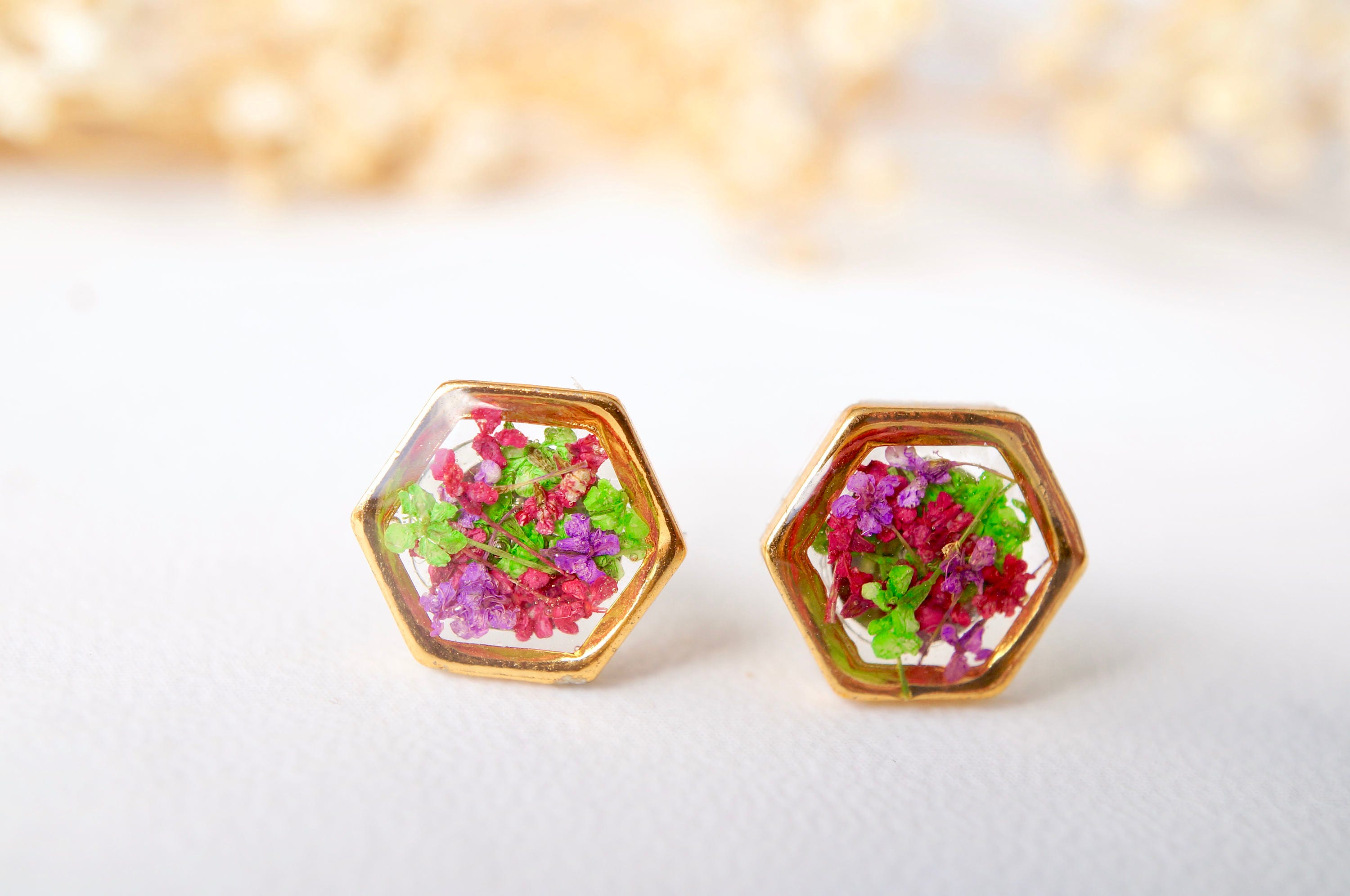 Real Pressed Flowers and Resin Stud Earrings, Gold Hexagon in Red Purple Green - Thumbnail 2