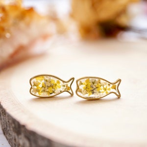 Real Pressed Flowers and Resin, Fish Stud Earrings in Yellow and White image 1