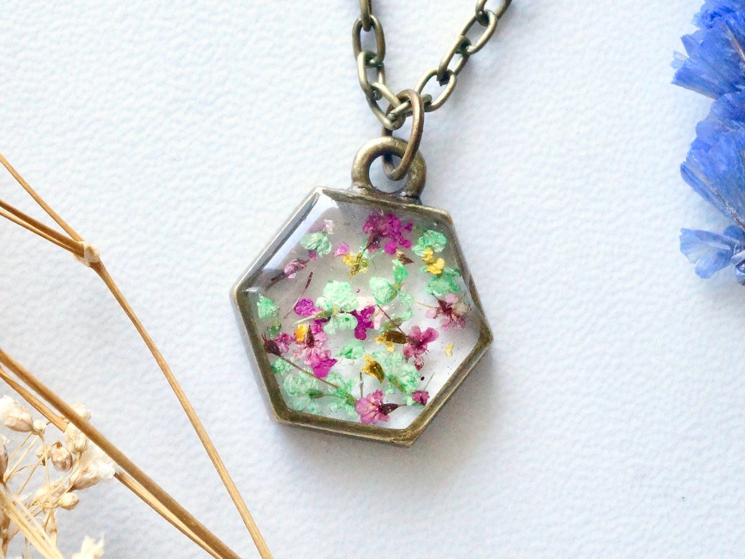 Real Pressed Flowers in Resin Necklace, Hexagon in Magenta, Green, and Yellow