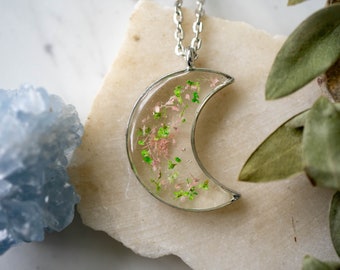 Real Pressed Flower and Resin Celestial Silver Moon Necklace in Greens and Light Pink