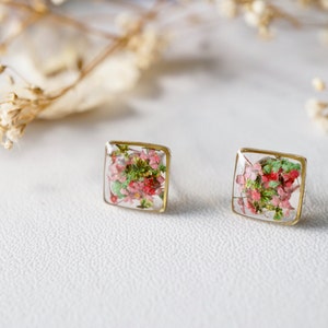 Real Pressed Flowers and Resin Stud Earrings in Pink Green Mix image 5