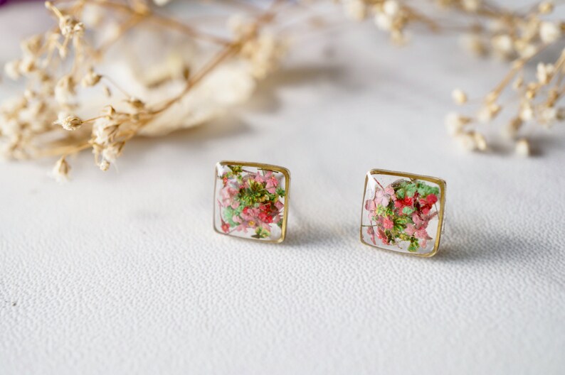 Real Pressed Flowers and Resin Stud Earrings in Pink Green Mix image 5