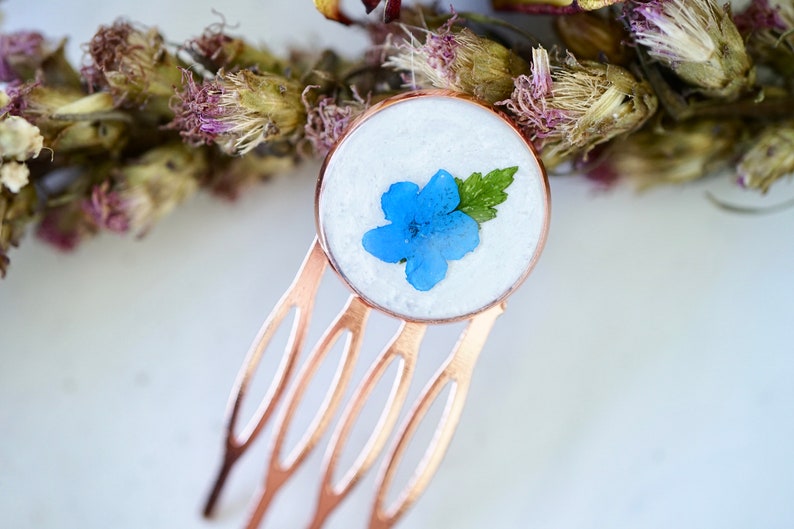 Real Pressed Flowers in Resin, Rose Gold Hair Pink with Forget Me Not image 2