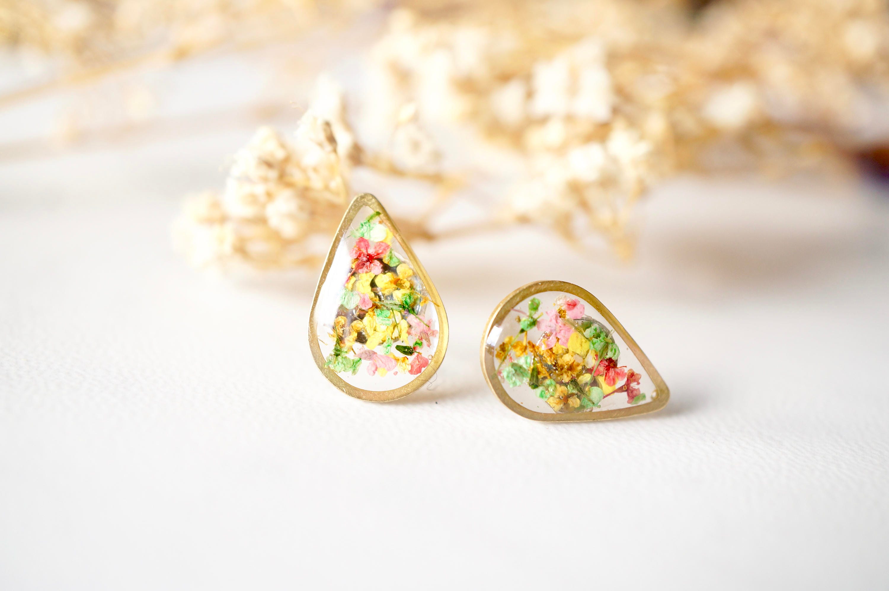 Real Pressed Flowers and Resin Stud Earrings, Gold Teardrop in Yellow Red Pink Green