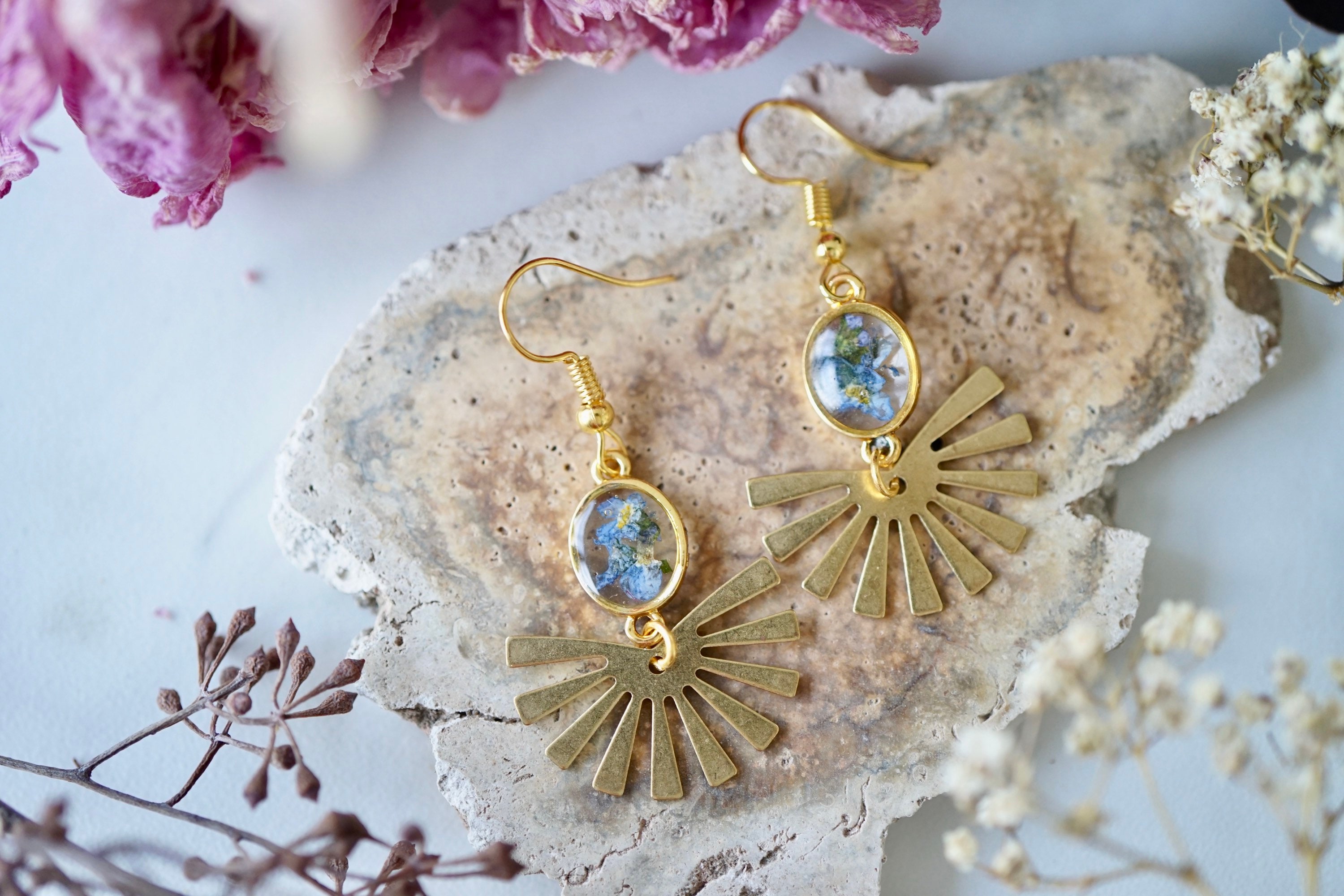 Real Pressed Flowers Earrings, Gold Sun Beam Drops with Forget Me Nots - Thumbnail 7