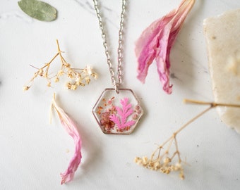 Real Pressed Flowers in Resin Necklace, Silver Hexagon with Flower and Fern Mix