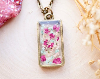 Real Pressed Flowers in Resin Necklace, Bronze Rectangle in Magenta Mint Light Pink