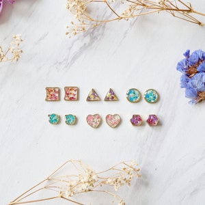 Real Pressed Flowers and Resin Stud Earrings in Pink Green Mix image 3