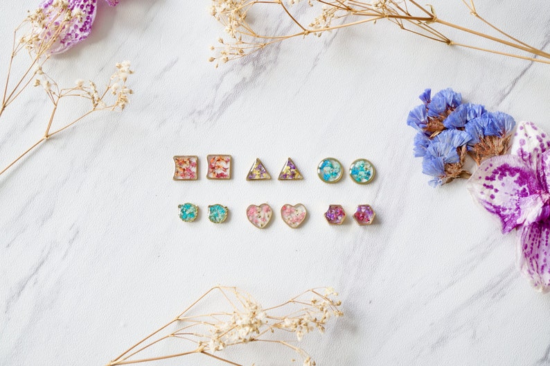 Real Pressed Flowers and Resin Stud Earrings in Pink Green Mix image 3