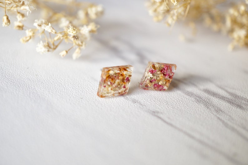 Real Pressed Flowers and Resin Diamond Stud Earrings in Orange Rose White image 5