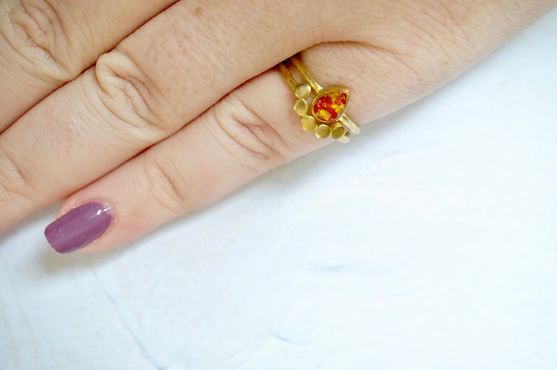 Real Pressed Flower and Resin Ring, Gold Teardrop in Red and Yellow image 7