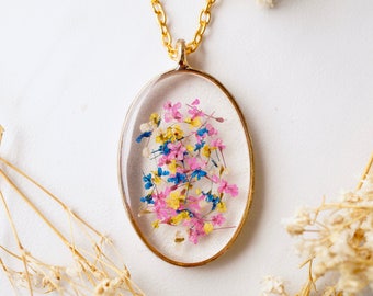 Real Pressed Flower and Resin Necklace Gold Oval in Pink Yellow Blue and White