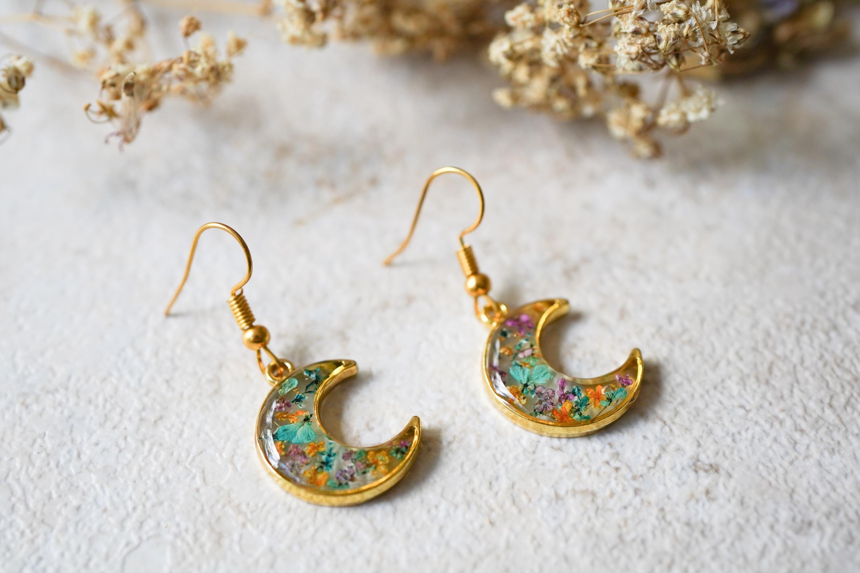 Real Pressed Flowers and Resin Drop Earrings, Gold Moons in Teal and Blue - Thumbnail 4