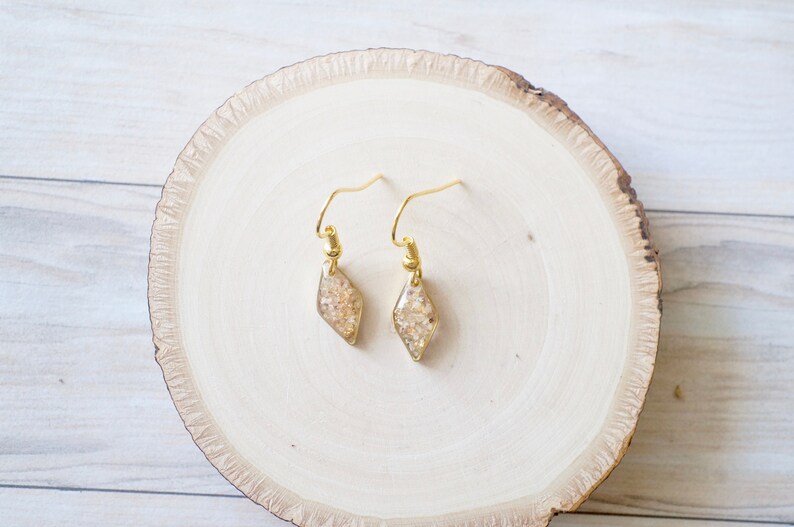 Real Pressed Flowers and Resin Earrings in Gold with Whites Champagne Mix with Real Gold Foil image 5