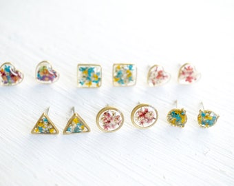 Parure Bijou Fleur Pressée Bleue - Collier Et Boucles D'oreilles, Résine Et Acier, Neuf