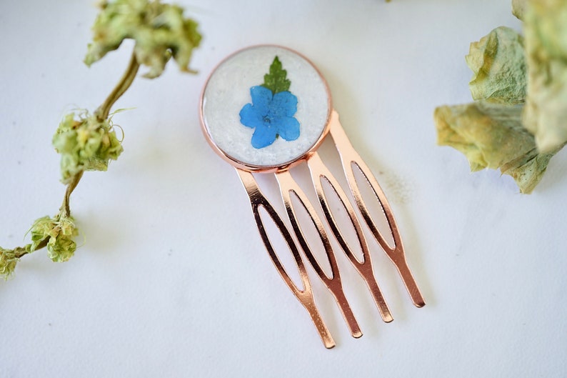 Real Pressed Flowers in Resin, Rose Gold Hair Pink with Forget Me Not image 4