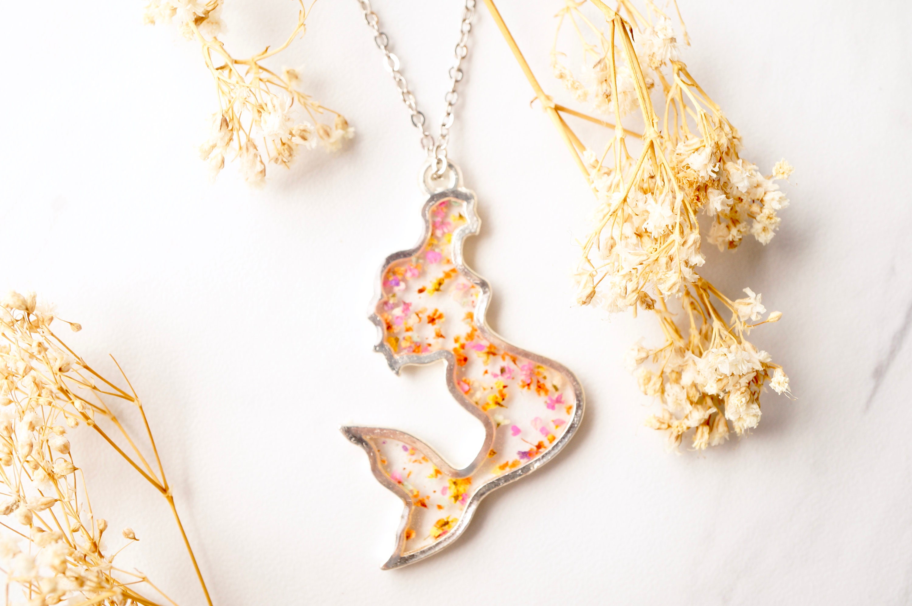 Real Pressed Flowers in Resin Necklace, Silver Mermaid in Pink Orange Yellow Mix - Thumbnail 5