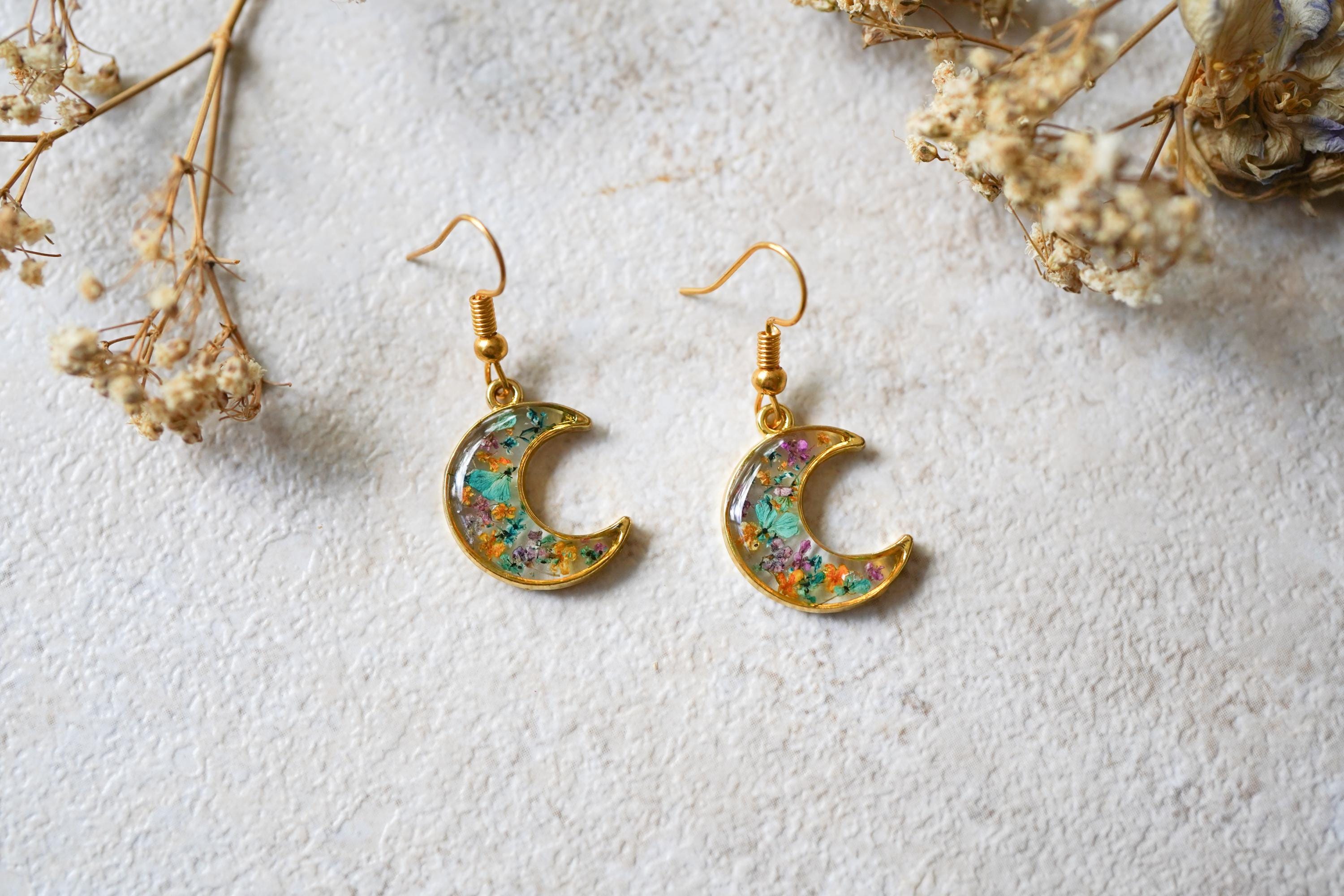 Real Pressed Flowers and Resin Drop Earrings, Gold Moons in Teal and Blue - Thumbnail 5