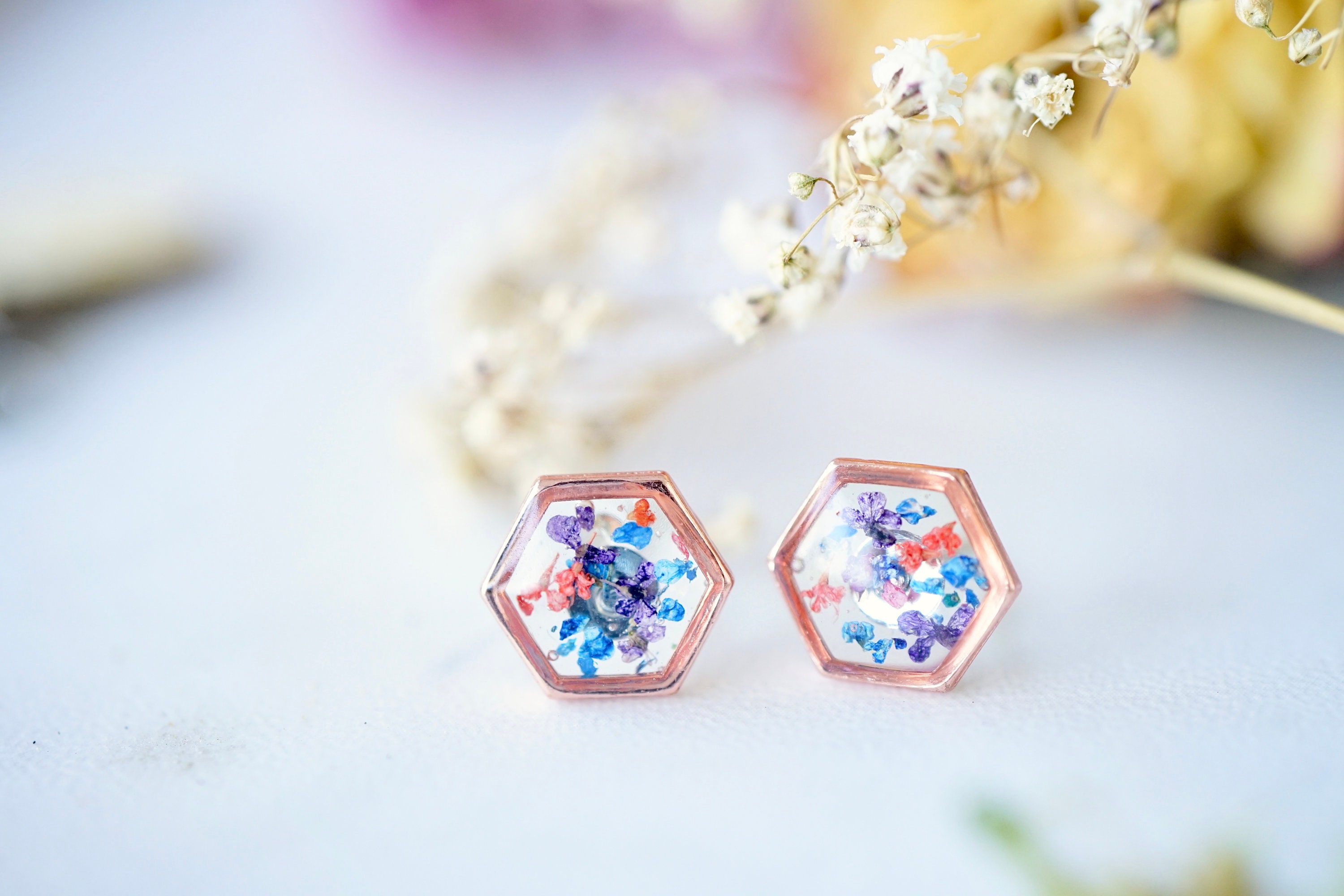 Real Pressed Flowers and Resin, Rose Gold Hexagon Stud Earrings, in Purple Pink Blue - Thumbnail 2