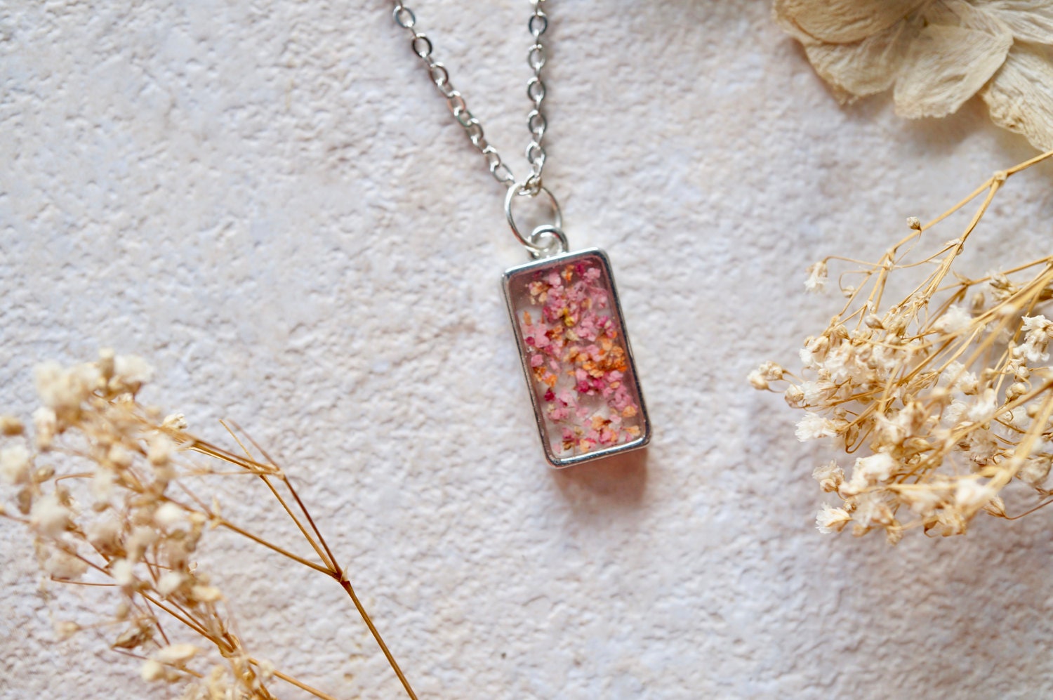 Real Dried Flowers in Resin Necklace in Pinks and Oranges - Thumbnail 5