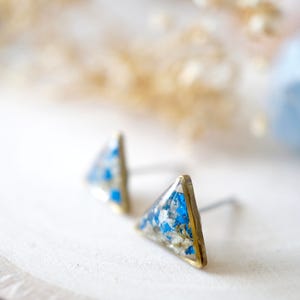 Real Pressed Flowers and Resin Triangle Stud Earrings in White and Cobalt Blue image 6