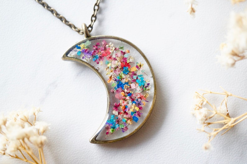 Real Pressed Flowers and Resin Moon Necklace in Party Mix image 2