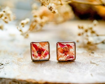 Real Pressed Flowers and Resin Stud Earrings, Silver Squares in Pink