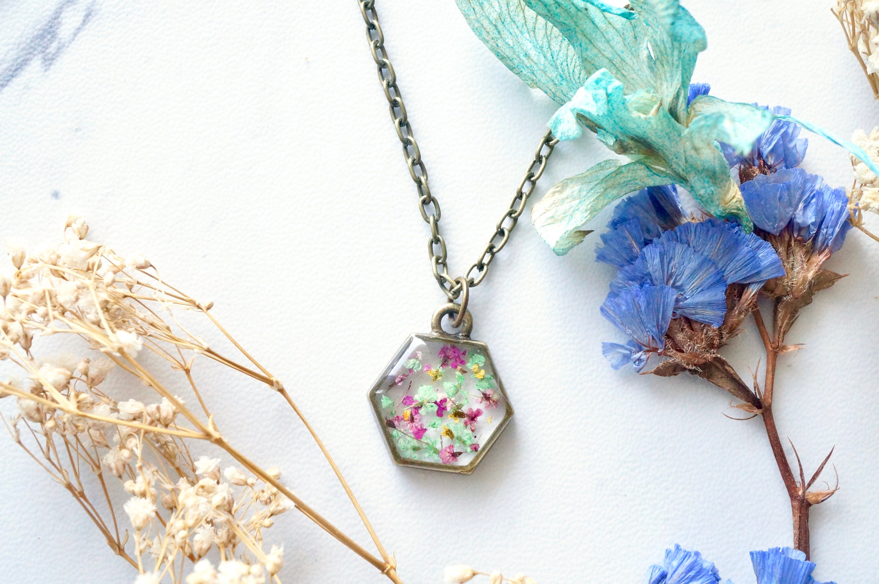 Real Pressed Flowers in Resin Necklace, Hexagon in Magenta, Green, and Yellow - Thumbnail 3