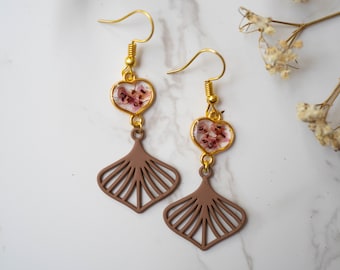 Real Pressed Flowers Earrings, Gold Heart Drops with Palm Leaf and Heather Flowers