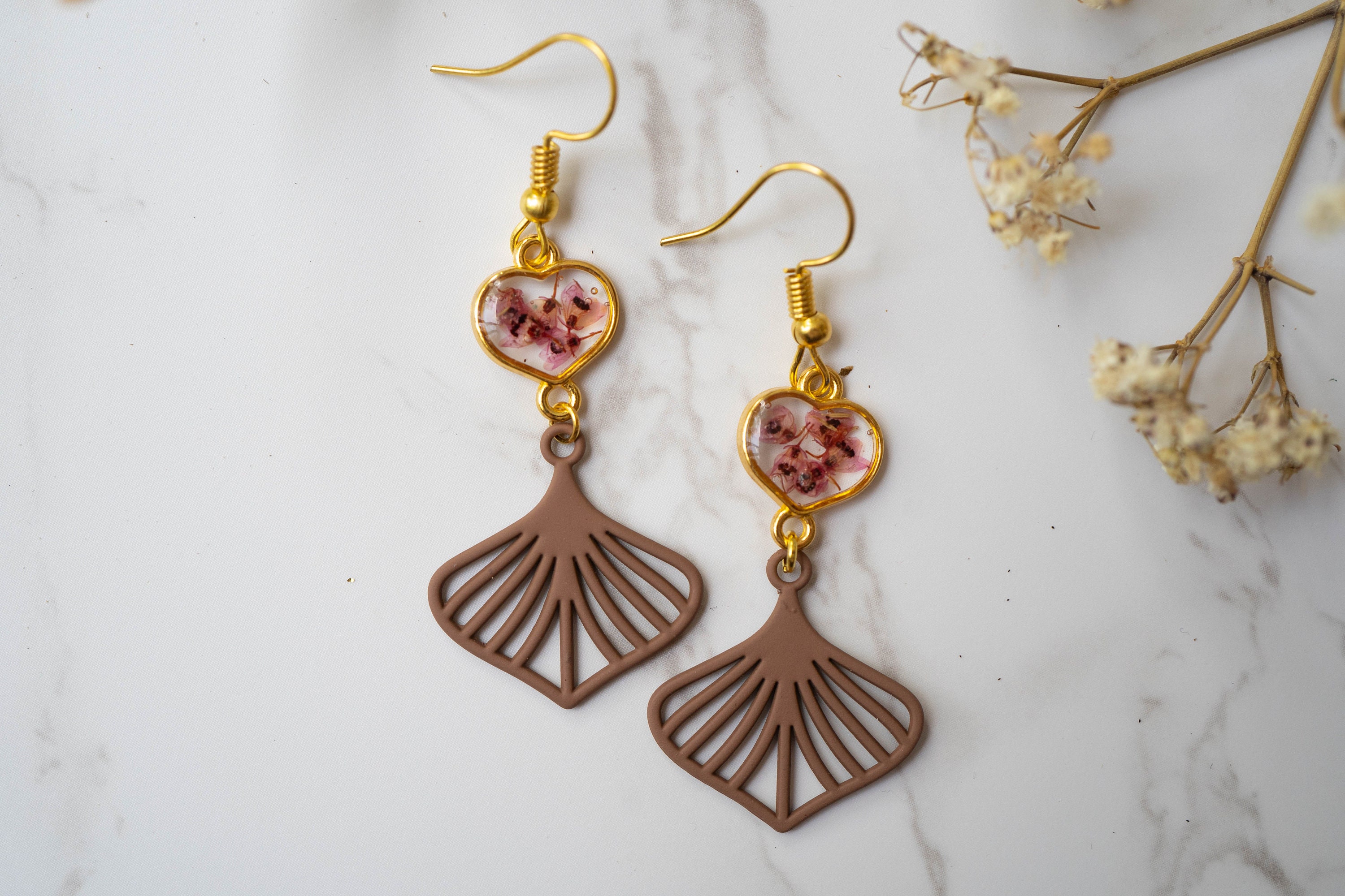 Real Pressed Flowers Earrings, Gold Heart Drops with Palm Leaf and Heather Flowers
