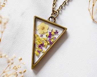 Real Pressed Flowers in Resin Necklace Purple Yellow Mix