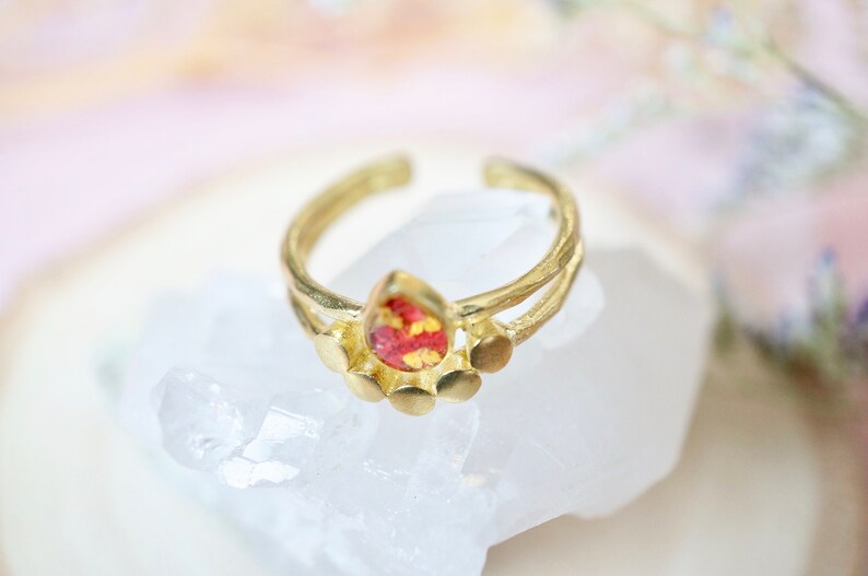 Real Pressed Flower and Resin Ring, Gold Teardrop in Red and Yellow image 4