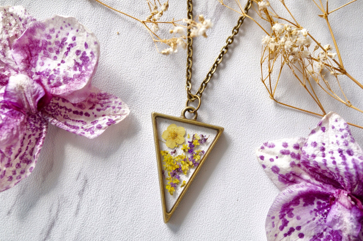 Real Pressed Flowers in Resin Necklace Purple Yellow Mix - Thumbnail 4
