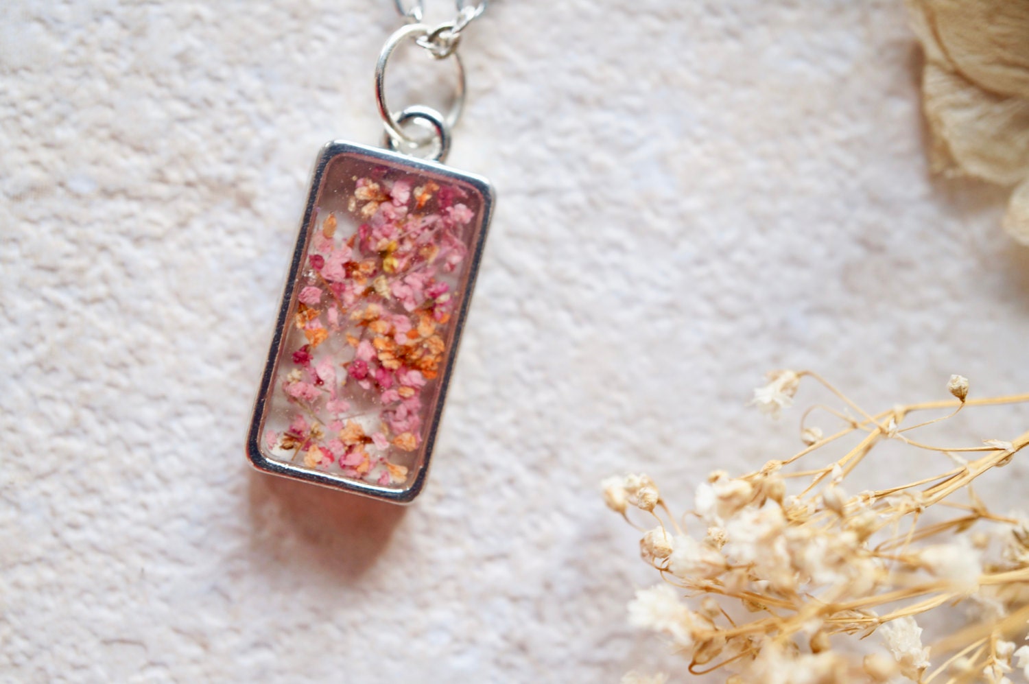 Real Dried Flowers in Resin Necklace in Pinks and Oranges - Thumbnail 2