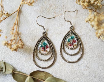 Real Pressed Flowers Earrings, Silver Drops in Blue and Purple
