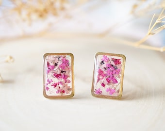 Real Pressed Flowers and Resin Stud Earrings, Gold Rectangle in Pink Mix