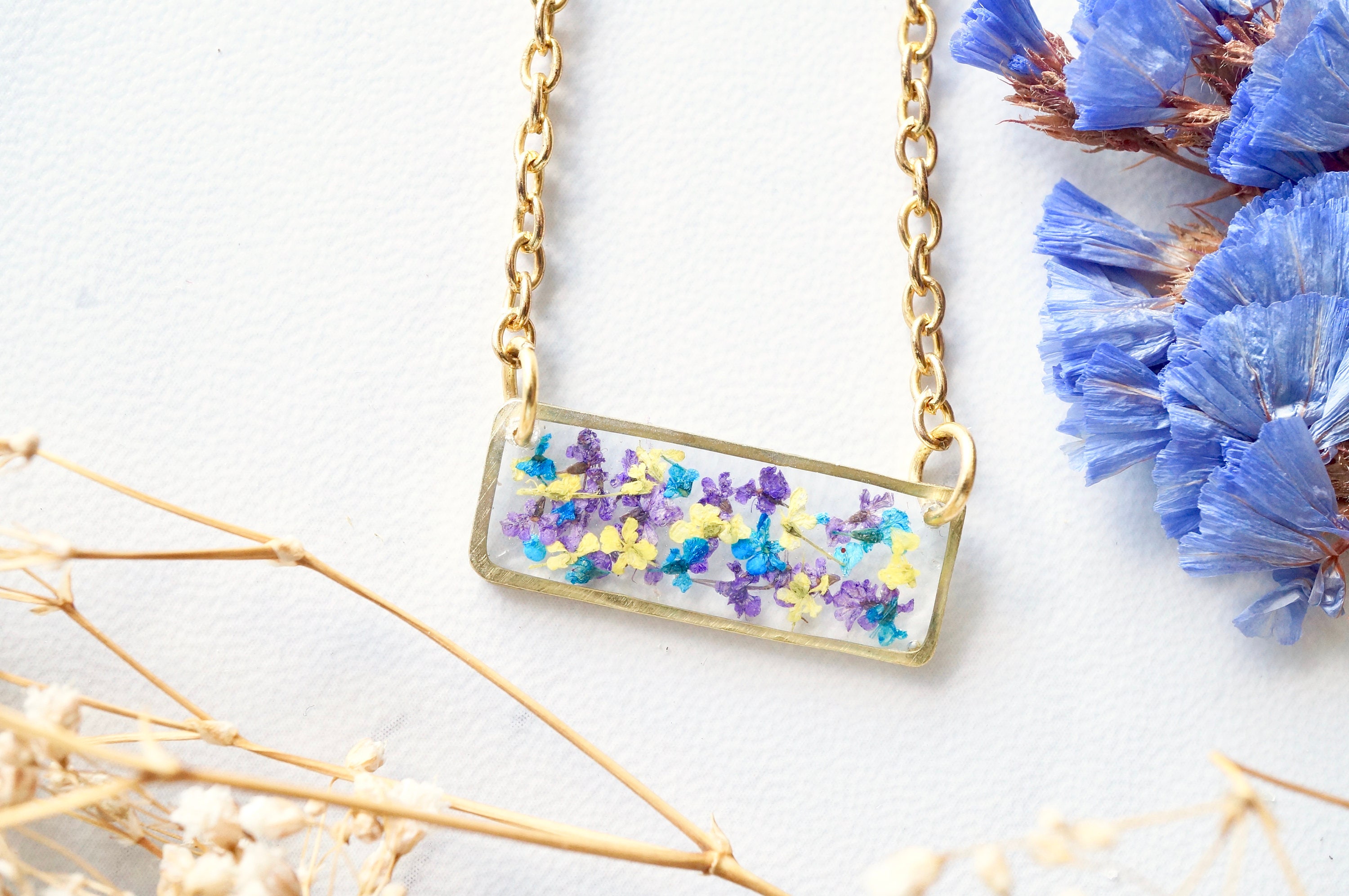 Real Pressed Flowers and Resin Necklace, Gold Bar in Purple Yellow Blue - Thumbnail 2