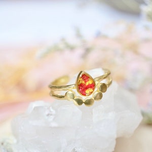 Real Pressed Flower and Resin Ring, Gold Teardrop in Red and Yellow image 5