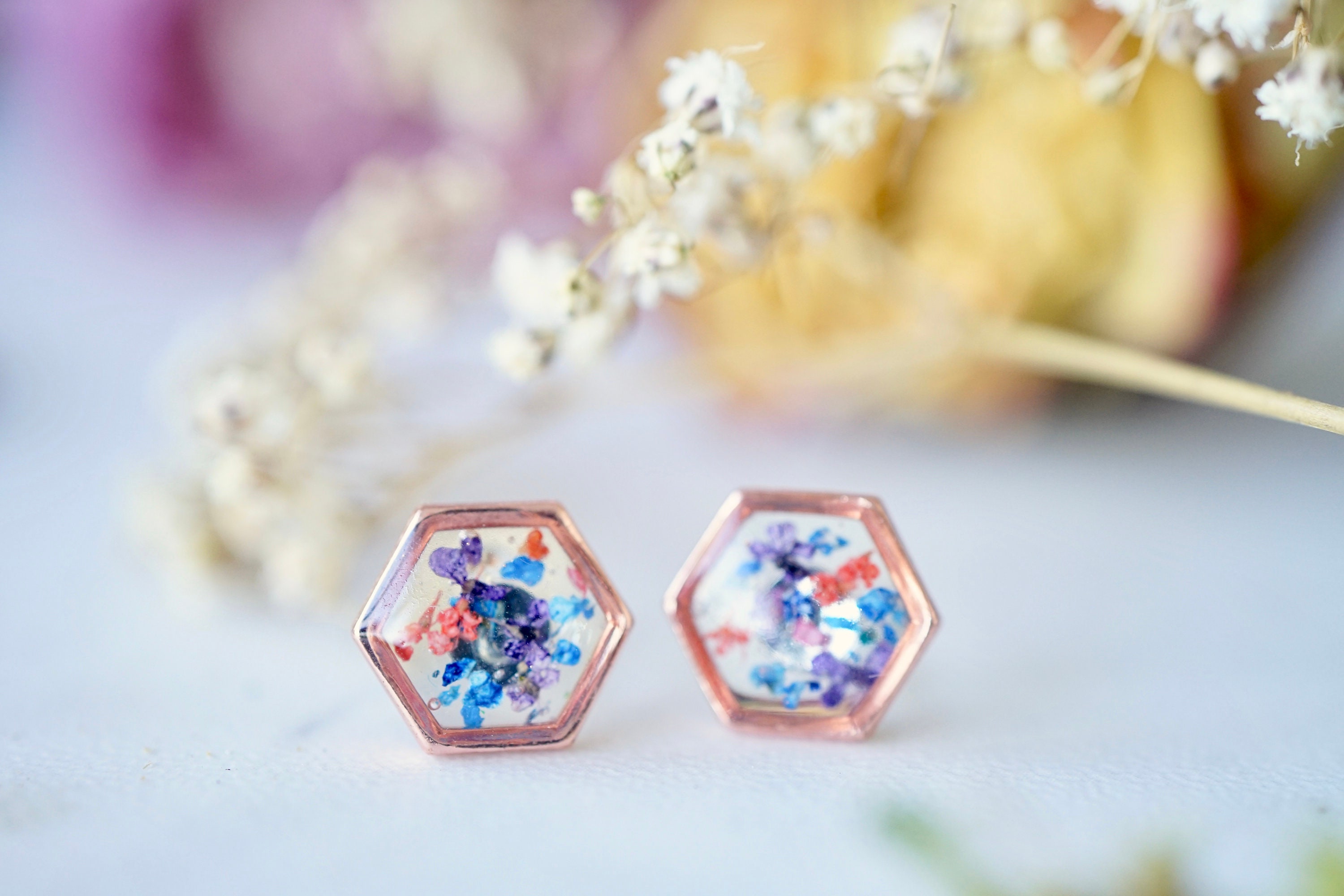 Real Pressed Flowers and Resin, Rose Gold Hexagon Stud Earrings, in Purple Pink Blue - Thumbnail 4