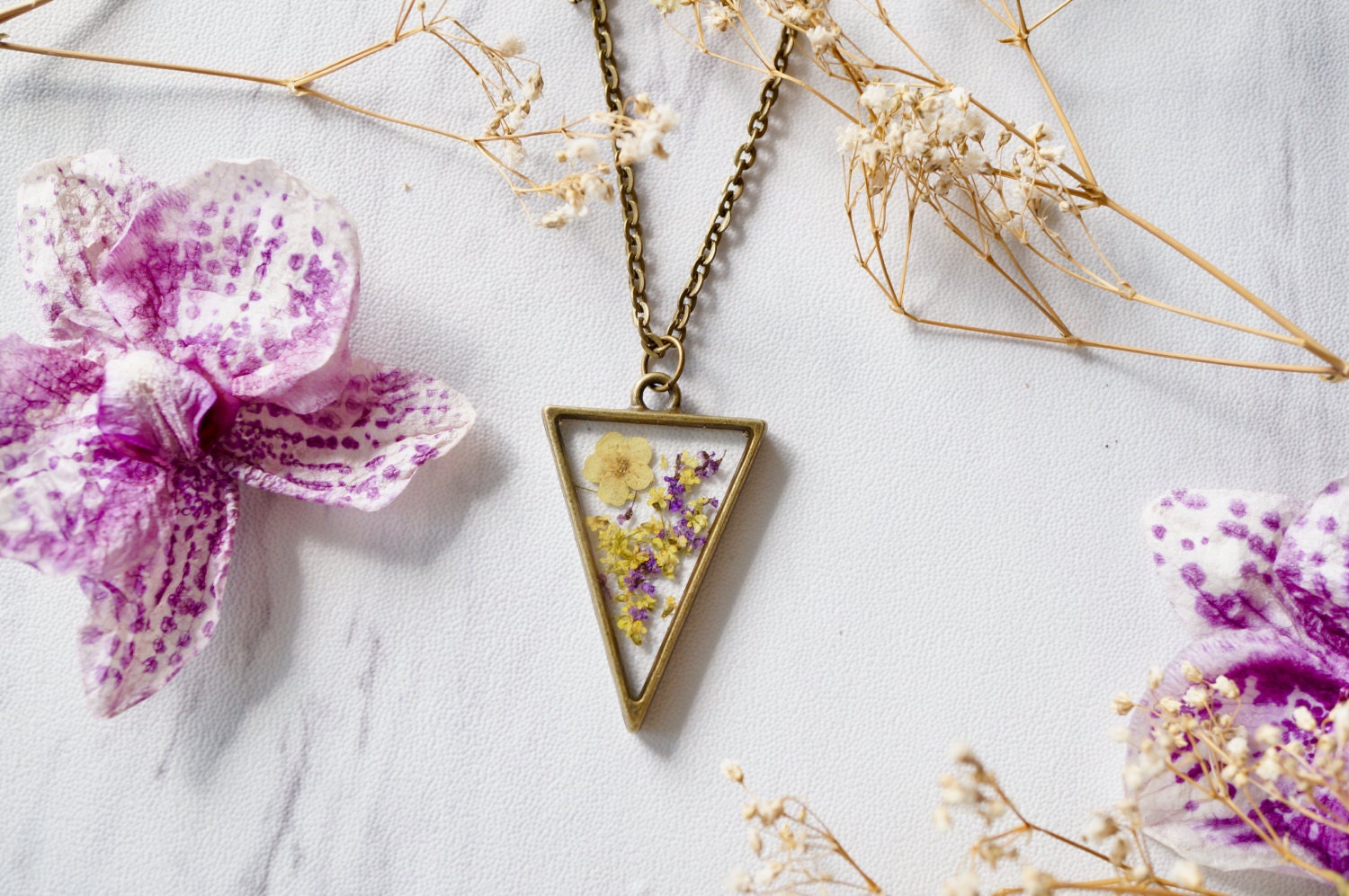 Real Pressed Flowers in Resin Necklace Purple Yellow Mix - Thumbnail 3