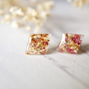Real Pressed Flowers and Resin Diamond Stud Earrings in Orange Rose White image 3